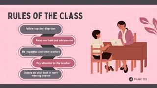 P A G E 0 5
Rules of The Class
Follow teacher direction
Raise your hand and ask question
Be respectful and kind to others
Pay attention to the teacher
Always do your best in every
meeting season
 