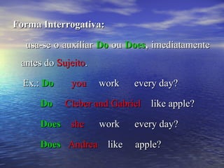 Forma Interrogativa:Forma Interrogativa:
usa-se o auxiliarusa-se o auxiliar DoDo ouou DoesDoes,, imediatamenteimediatamente
antes doantes do SujeitoSujeito..
Ex.:Ex.: DoDo youyou work every day?work every day?
DoDo Cleber and GabrielCleber and Gabriel like apple?like apple?
DoesDoes sheshe work every day?work every day?
DoesDoes AndreaAndrea like apple?like apple?
 