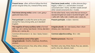 Present tense: often, all forms follow the third 
person singular (they wis, instead of they were). 
Past tense (weak verbs): -it after plosives (big > 
biggit); -t after n, l, r, and all other unvoiced 
consonants (ken > kent); -ed after vowels and all 
other voiced consonants (luv > luved). 
Past tense (strong verbs): come > cam, gang > 
gaed and many more. 
On the other hand, many verbs that are strong in 
standard English are weak in Scottish English: sell 
> sellt, tell > tellt, mak > makkit, see > seed, etc. 
Past participle is usually the same as the past 
(except for many strong verbs, as in standard 
English) 
Present participle: -in (ken > kennin) 
The negative of many auxiliary verbs is formed 
with -na: am > amna, hae (have) > hinna, dae (do) > 
dinna, can > canna, etc. 
Irregular plurals: ee > een (eyes), shae > shuin 
(shoes), coo > kye (cows). 
Common diminutives in -ie: lass > lassie, hoose > 
hoosie... 
Common adjective ending: -lik (= -ish) 
Demonstratives come in four pairs 
(singular/plural): this/thir, that/thae, thon/thon, 
yon/yon 
Relative pronouns: tha or at. 
Interrogative pronouns: hoo, wha, whan, whase, 
whaur, whatna, whit. 
Numbers: ane, twa, three, fower, five, sax, seeven, 
aucht, nine, ten, aleeven, twal.. 
 
