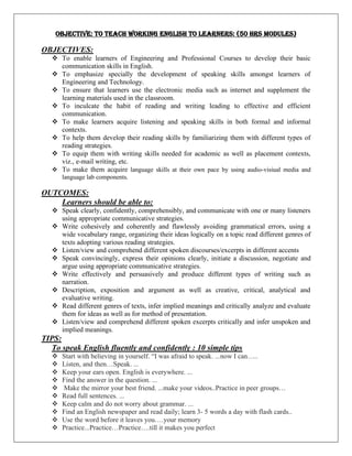 OBJECTIVE: TO TEACH WORKING ENGLISH TO LEARNERS: (50 HRS MODULES)
OBJECTIVES:
 To enable learners of Engineering and Professional Courses to develop their basic
communication skills in English.
 To emphasize specially the development of speaking skills amongst learners of
Engineering and Technology.
 To ensure that learners use the electronic media such as internet and supplement the
learning materials used in the classroom.
 To inculcate the habit of reading and writing leading to effective and efficient
communication.
 To make learners acquire listening and speaking skills in both formal and informal
contexts.
 To help them develop their reading skills by familiarizing them with different types of
reading strategies.
 To equip them with writing skills needed for academic as well as placement contexts,
viz., e-mail writing, etc.
 To make them acquire language skills at their own pace by using audio-visiual media and
language lab components.
OUTCOMES:
Learners should be able to:
 Speak clearly, confidently, comprehensibly, and communicate with one or many listeners
using appropriate communicative strategies.
 Write cohesively and coherently and flawlessly avoiding grammatical errors, using a
wide vocabulary range, organizing their ideas logically on a topic read different genres of
texts adopting various reading strategies.
 Listen/view and comprehend different spoken discourses/excerpts in different accents
 Speak convincingly, express their opinions clearly, initiate a discussion, negotiate and
argue using appropriate communicative strategies.
 Write effectively and persuasively and produce different types of writing such as
narration.
 Description, exposition and argument as well as creative, critical, analytical and
evaluative writing.
 Read different genres of texts, infer implied meanings and critically analyze and evaluate
them for ideas as well as for method of presentation.
 Listen/view and comprehend different spoken excerpts critically and infer unspoken and
implied meanings.
TIPS:
To speak English fluently and confidently : 10 simple tips
 Start with believing in yourself. “I was afraid to speak. ...now I can…..
 Listen, and then…Speak. ...
 Keep your ears open. English is everywhere. ...
 Find the answer in the question. ...
 Make the mirror your best friend. ...make your videos..Practice in peer groups…
 Read full sentences. ...
 Keep calm and do not worry about grammar. ...
 Find an English newspaper and read daily; learn 3- 5 words a day with flash cards..
 Use the word before it leaves you….your memory
 Practice...Practice…Practice….till it makes you perfect
 