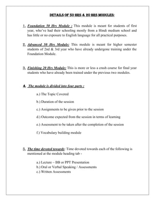 DETAILS OF 50 HRS & 20 HRS MODULES:
1. Foundation 50 Hrs Module : This module is meant for students of first
year, who’ve had their schooling mostly from a Hindi medium school and
has little or no exposure to English language for all practical purposes.
2. Advanced 50 Hrs Module: This module is meant for higher semester
students of 2nd & 3rd year who have already undergone training under the
Foundation Module.
3. Finishing 20 Hrs Module: This is more or less a crash course for final year
students who have already been trained under the previous two modules.
4. The module is divided into four parts :
a.) The Topic Covered
b.) Duration of the session
c.) Assignments to be given prior to the session
d.) Outcome expected from the session in terms of learning
e.) Assessment to be taken after the completion of the session
f.) Vocabulary building module
5. The time devoted towards: Time devoted towards each of the following is
mentioned at the module heading tab -
a.) Lecture – BB or PPT Presentation
b.) Oral or Verbal Speaking / Assessments
c.) Written Assessments
 