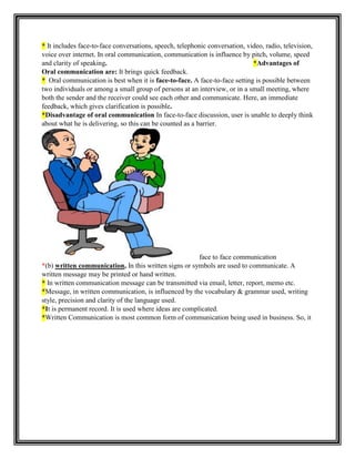 * It includes face-to-face conversations, speech, telephonic conversation, video, radio, television,
voice over internet. In oral communication, communication is influence by pitch, volume, speed
and clarity of speaking. *Advantages of
Oral communication are: It brings quick feedback.
* Oral communication is best when it is face-to-face. A face-to-face setting is possible between
two individuals or among a small group of persons at an interview, or in a small meeting, where
both the sender and the receiver could see each other and communicate. Here, an immediate
feedback, which gives clarification is possible.
*Disadvantage of oral communication In face-to-face discussion, user is unable to deeply think
about what he is delivering, so this can be counted as a barrier.
face to face communication
*(b) written communication, In this written signs or symbols are used to communicate. A
written message may be printed or hand written.
* In written communication message can be transmitted via email, letter, report, memo etc.
*Message, in written communication, is influenced by the vocabulary & grammar used, writing
style, precision and clarity of the language used.
*It is permanent record. It is used where ideas are complicated.
*Written Communication is most common form of communication being used in business. So, it
 
