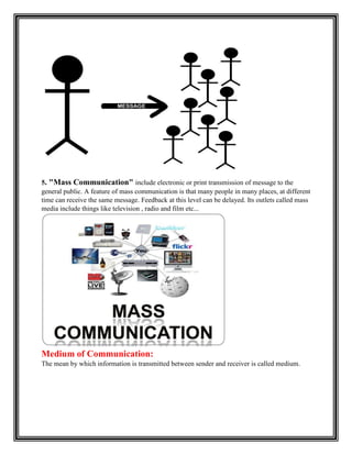 5. "Mass Communication" include electronic or print transmission of message to the
general public. A feature of mass communication is that many people in many places, at different
time can receive the same message. Feedback at this level can be delayed. Its outlets called mass
media include things like television , radio and film etc...
Medium of Communication:
The mean by which information is transmitted between sender and receiver is called medium.
 