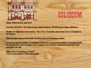 Name: Coliseum Cafe and hotel
Location: 98-100 & 102 Jalan Tuanku Abdul Rahman ,50100 Kuala Lumpur Malaysia
Number of employees and branches: They have 3 branches and around 10 to 12 employees
per branch.
Main products and services sold: sizzling steak and hainanese cuisine
Estimated current number of customers: During the weekend the number of customers will
be crowded 50 to 80 customers . For weekdays, the crowd is estimated around 20 to 50
customers per day.
When were the business is found?
1921, by the family of Chua Cheng Bok
 