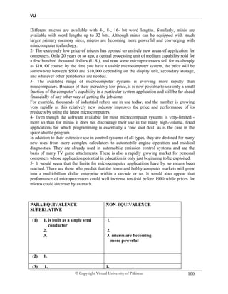 VU
© Copyright Virtual University of Pakistan 100
Different micros are available with 4-, 8-, 16- bit word lengths. Similarly, minis are
available with word lengths up to 32 bits. Although minis can be equipped with much
larger primary memory sizes, micros are becoming more powerful and converging with
minicomputer technology.
2- The extremely low price of micros has opened up entirely new areas of application for
computers. Only 20 years or so ago, a central processing unit of medium capability sold for
a few hundred thousand dollars (U.S.), and now some microprocessors sell for as cheaply
as $10. Of course, by the time you have a usable microcomputer system, the price will be
somewhere between $500 and $10,000 depending on the display unit, secondary storage,
and whatever other peripherals are needed.
3- The available range of microcomputer systems is evolving more rapidly than
minicomputers. Because of their incredibly low price, it is now possible to use only a small
fraction of the computer’s capability in a particular system application and still be far ahead
financially of any other way of getting the job done.
For example, thousands of industrial robots are in use today, and the number is growing
very rapidly as this relatively new industry improves the price and performance of its
products by using the latest microcomputers.
4- Even though the software available for most microcomputer systems is very-limited -
more so than for minis- it does not discourage their use in the many high-volume, fixed
applications for which programming is essentially a ‘one shot deal’ as is the case in the
space shuttle program.
In addition to their extensive use in control systems of all types, they are destined for many
new uses from more complex calculators to automobile engine operation and medical
diagnostics. They are already used in automobile emission control systems and are the
basis of many TV game attachments. There is also a rapidly growing market for personal
computers whose application potential in education is only just beginning to be exploited.
5- It would seem that the limits for microcomputer applications have by no means been
reached. There are those who predict that the home and hobby computer markets will grow
into a multi-billion dollar enterprise within a decade or so. It would also appear that
performance of microprocessors could well increase ten-fold before 1990 while prices for
micros could decrease by as much.
PARA EQUIVALENCE
SUPERLATIVE
NON-EQUIVALENCE
(1) 1. is built as a single semi
conductor
2.
3.
1.
2.
3. micros are becoming
more powerful
(2) 1.
(3) 1. 1.
 