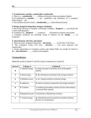 VU
© Copyright Virtual University of Pakistan 121
3. Consideration, consider, considerable, considerably
a. There is a…considerable……….difference between written and spoken English.
b. It is important to…consider……….the capabilities and limitations of a computer
before buying one.
c. New printers can print results…considerably...…….faster than previously.
4. Design, designed, designation, designer, designing
a. Due to the advances in computer technology, computer…designers……..are faced with
a more challenging job.
b. Computers are…designed………to process information accurately and quickly.
c. Computer architects are constantly trying to improve on the…design………..of
computers.
5. Advertisement, advertise, advertised
a. There are many computer-related jobs…advertised………..in The New York Times.
b. The Computers Center will soon… advertise ……..for more operators and
programmers.
c. Career opportunities in computer science and related fields can usually be found in
the…advertisement……….section of newspapers.
7 Content Review:
Match the words in column A with the words or statements in column B.
Answers Column A Column B
d
1. Internal storage a. means any part of memory can be read equally
quickly
f 2. Real storage b. the information contained in the storage locations
a 3. Random access c. are storage locations in internal storage
c 4. addresses d. refers to memory contained in the storage locations
b 5. Contents e. hooking up secondary memory devices onto memory
to increase their capacity
g 6.Sequential access f. sometimes called primary memory
e 7. Virtual storage g. information must be read from secondary memory
devices in a fixed pattern
 