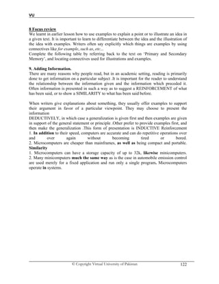 VU
© Copyright Virtual University of Pakistan 122
8 Focus review
We learnt in earlier lesson how to use examples to explain a point or to illustrate an idea in
a given text. It is important to learn to differentiate between the idea and the illustration of
the idea with examples. Writers often say explicitly which things are examples by using
connectives like for example, such as, etc...
Complete the following table by referring back to the text on ‘Primary and Secondary
Memory’, and locating connectives used for illustrations and examples.
9. Adding Information.
There are many reasons why people read, but in an academic setting, reading is primarily
done to get information on a particular subject .It is important for the reader to understand
the relationship between the information given and the information which preceded it.
Often information is presented in such a way as to suggest a REINFORCEMENT of what
has been said, or to show a SIMILARITY to what has been said before.
When writers give explanations about something, they usually offer examples to support
their argument in favor of a particular viewpoint. They may choose to present the
information
DEDUCTIVELY, in which case a generalization is given first and then examples are given
in support of the general statement or principle .Other prefer to provide examples first, and
then make the generalization .This form of presentation is INDUCTIVE Reinforcement
1. In addition to their speed, computers are accurate and can do repetitive operations over
and over again without becoming tired or bored.
2. Microcomputers are cheaper than mainframes, as well as being compact and portable.
Similarity
1. Microcomputers can have a storage capacity of up to 32k, likewise minicomputers.
2. Many minicomputers much the same way as is the case in automobile emission control
are used merely for a fixed application and run only a single program. Microcomputers
operate in systems.
 