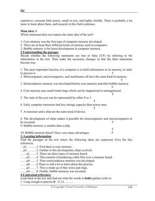 VU
© Copyright Virtual University of Pakistan 124
expensive; consume little power, small in size, and highly reliable. There is probably a lot
more to learn about them, and research in this field continues.
Main idea: 1
Which statement does not express the main idea of the text?
1. Core memory was the first type of computer memory developed.
2. There are at least three different kinds of memory used in computers.
3. Bubble memory is the latest development in computer memory.
2 Understanding the passage:
Decide whether the following statements are true or false (T/F) by referring to the
information in the text. Then make the necessary changes so that the false statements
become true.
1. The most important function of a computer is to hold information in its memory in order
to process it. T
2. Minicomputers, microcomputers, and mainframes all have the same kind of memory.
T
3. Semiconductor memory was developed before core memory and after bubble memory.
F
4. Core memory uses small metal rings which can be magnetized or unmagnetized.
T
5. The state of the core can be represented by either 0 or 1.
T
6. Early computer memories had less storage capacity than newer ones.
T
7. A transistor and a chip are the same kind of device.
8. The development of chips makes it possible for minicomputers and microcomputers to
be invented. T
9. Bubble memory is smaller than a chip.
T
10. Bubble memory doesn’t have very many advantages. F
3. Locating information
Find the passages in the text where the following ideas are expressed. Give the line
references.
…p1……….1. First there is core memory.
…p3……….2. Further to this development, chips evolved.
……p1…….3. There are three types of memory board.
……p3…….4. This consists of producing a thin film over a memory board.
……p4…….5. Then semiconductor memory was developed.
……p4…….6 There is still a lot to learn about this process.
……p2…….7. This is made up of thin wires and rings.
……p4…….8. Finally, bubble memory was invented.
4 Contextual reference:
Look back at the text and find out what the words in bold typeface refer to.
1. Long enough to process it (1.3)……….
 