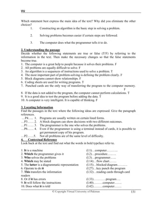 VU
© Copyright Virtual University of Pakistan 131
Which statement best express the main idea of the text? Why did you eliminate the other
choices?
1. Constructing an algorithm is the basic step in solving a problem.
2. Solving problems becomes easier if certain steps are followed.
3. The computer does what the programmer tells it to do.
2. Understanding the passage
Decide whether the following statements are true or false (T/F) by referring to the
information in the text. Then make the necessary changes so that the false statements
become true.
1. The computer is a great help to people because it solves their problems. F
2. All problems are equally difficult to solve. F
3. An algorithm is a sequences of instructions used to solve a problem. T
4. The most important part of problem-solving is defining the problem clearly. F
5. Block diagrams cannot show relationships. F
6. Coding sheets are used for writing programs. T
7. Punched cards are the only way of transferring the program to the computer memory.
F
8. If the data is not added to the program, the computer cannot perform calculations. T
9. It is a good idea to test the program before adding the data. T
10. A computer is very intelligent. It is capable of thinking. F
3. Locating Information
Find the passages in the text where the following ideas are expressed. Give the paragraph
references.
…P4….. 1. Programs are usually written on certain lined forms.
…P3…… 2. A block diagram can show decisions with two different outcomes.
…P1…… 3. The programmer is the one who solves the problems.
…P6…… 4. Even if the programmer is using a terminal instead of cards, it is possible to
get permanent copy of his program.
…P2……5. Not all problems are of the same level of difficulty.
4. Contextual Reference
Look back at the text and find out what the words in bold typeface refer to.
1. It is a machine (l.1)…computer………..
2. Which the programmer gives it (l.2)…procedure…..….
3. Who solves the problems (l.3)…programmer.…..
4. Which may be stated (l.14)…flow chart…….
5. The latter is a diagrammatic representation (l.15)…blocked diagram…….…
6. Operate to do it (l.27)…key punch the program
7. This transfers the information (l.32)…reading cards through card
readers
8. Or if it has errors (l.33)…………program….
9. It will follow the instructions (l.40)………computer…….
10. Does what it is told (l.42)………computer…….
 