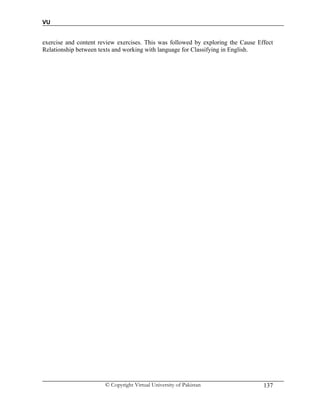 VU
© Copyright Virtual University of Pakistan 137
exercise and content review exercises. This was followed by exploring the Cause Effect
Relationship between texts and working with language for Classifying in English.
 