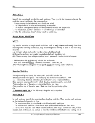 VU
© Copyright Virtual University of Pakistan 169
PRATICE 1:
Identify the misplaced word(s) in each sentence. Then rewrite the sentence placing the
modifier where it will make the meaning clear.
1. I am returning the jacket to the store that is too small.
2. The couple looked at thirty sofas shopping on Saturday.
3. The woman tore open the parcel she had just received with her finger nails.
4. The bracelet on Ayesha’s arm made of silver belongs to her mother.
5. Take this jar to uncle Aman’s home which he lent to me.
Single Word Modifiers
NOTE:
Pay special attention to single word modifiers, such as only, almost and nearly. For their
meaning to be correctly understood, they should be placed directly in front of the word they
describe.
e.g. (i) I only asked my boss for one day’s leave, but he refused.
(ii) I must have almost answered a hundred ads before I found this job
(iii) After returning from college my niece nearly spends all evening on the telephone.
I asked my boss for only one day’s leave, but he refused.
I must have answered almost a hundred ads before I found this job.
After returning from college my niece spends nearly all evening on the telephone.
Dangling Modifiers
Staring dreamily into space, the instructor’s loud voice startled me.
-Staring dreamily into space, I was started by the instructor’s loud voice. OR
-As I was staring dreamily into space, the instructor’s loud voice startled me.
Here are more samples of ways by which dangling modifiers can be corrected.
-When pulling out of the driveway, the pillar blocks my view.
-When pulling out of the drive way, I find my view blocked by the pillar.
OR
– Whenever I pull out of the driveway, the pillar blocks by view.
PRACTICE 2
In each sentence identify the misplaced or dangling modifier. Then rewrite each sentence
so that its intended meaning is clear.
1. The man returned the overdue book to the librarian with apologies.
2. The soldiers hold up in the caves almost went without food and water for a week.
3. The sky was blue and clear when we arrived home. But only a short while later, with a
sudden crash of thunder, we hurried to close the windows in the bedrooms. Staring out at
 