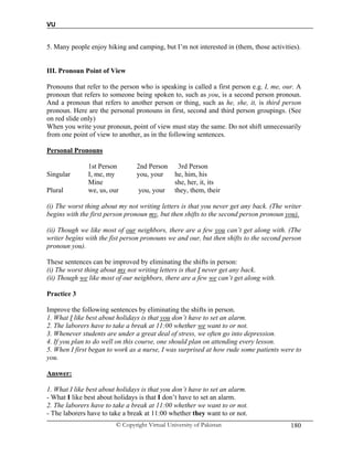 VU
© Copyright Virtual University of Pakistan 180
5. Many people enjoy hiking and camping, but I’m not interested in (them, those activities).
III. Pronoun Point of View
Pronouns that refer to the person who is speaking is called a first person e.g. I, me, our. A
pronoun that refers to someone being spoken to, such as you, is a second person pronoun.
And a pronoun that refers to another person or thing, such as he, she, it, is third person
pronoun. Here are the personal pronouns in first, second and third person groupings. (See
on red slide only)
When you write your pronoun, point of view must stay the same. Do not shift unnecessarily
from one point of view to another, as in the following sentences.
Personal Pronouns
1st Person 2nd Person 3rd Person
Singular I, me, my you, your he, him, his
Mine she, her, it, its
Plural we, us, our you, your they, them, their
(i) The worst thing about my not writing letters is that you never get any back. (The writer
begins with the first person pronoun my, but then shifts to the second person pronoun you).
(ii) Though we like most of our neighbors, there are a few you can’t get along with. (The
writer begins with the fist person pronouns we and our, but then shifts to the second person
pronoun you).
These sentences can be improved by eliminating the shifts in person:
(i) The worst thing about my not writing letters is that I never get any back.
(ii) Though we like most of our neighbors, there are a few we can’t get along with.
Practice 3
Improve the following sentences by eliminating the shifts in person.
1. What I like best about holidays is that you don’t have to set an alarm.
2. The laborers have to take a break at 11:00 whether we want to or not.
3. Whenever students are under a great deal of stress, we often go into depression.
4. If you plan to do well on this course, one should plan on attending every lesson.
5. When I first began to work as a nurse, I was surprised at how rude some patients were to
you.
Answer:
1. What I like best about holidays is that you don’t have to set an alarm.
- What I like best about holidays is that I don’t have to set an alarm.
2. The laborers have to take a break at 11:00 whether we want to or not.
- The laborers have to take a break at 11:00 whether they want to or not.
 