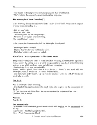 VU
© Copyright Virtual University of Pakistan 199
-Your parents (belonging to you) said you’re (you are) their favorite child.
-Who’s (who is) the person whose care number plate is missing.
The Apostrophe to Show Possession [’s]
In the following phrases the apostrophe and s [’s] are used to show possession of singular
or plural norms not ending in s.
- This is a man’s job
- These are men’s jobs
- Children’s games are not always simple
- My sister-in-law’s great love is shopping.
-She reads Huxley’s essays.
In the case of plural nouns ending in S, the apostrophe alone is used.
- She rang the Shahs’ doorbell.
- The two dogs’ tracks were visible in the snow.
- The ladies’ toilet / wash-room was locked.
When Not to Use An Apostrophe: In Plurals and Verbs
The possessive and plural forms of words are often confusing. Remember that a plural is
formed simply by adding an s to a word; no apostrophe is used. Look at the following
sentence to see which words are plural and which are possessive:
- Samina’s new boots have golden buckles.
+boots, buckles -plural. More than 1 boot, buckle + Samina’s: the word with the
apostrophe plus s, is possessive: i.e. Samina owns the boots.
- also many verbs end with an S. e.g. He owns the cinemas . Owns is a verb. Do not put an
apostrophe in a verb.
Practice 6.
Add an apostrophe where necessary.
(i)The head of the departments mood is much better after he gives out the assignments for
the day.
(ii) This years new television shows are much worse than the programs of last year.
(iii) Mind your ps and qs.
Answer:
Practice 6.
Add an apostrophe
(i)The mood of the department’s head is much better after he gives out the assignments for
the day.
Department’s – head belonging to the dept.
Gives – Verb. Assignments - Plural
 