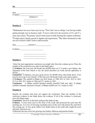 VU
© Copyright Virtual University of Pakistan 203
Idea _____________________________
Evidence _________________________
Sentence 5
_________________________
_________________________
_________________________
Practice 2:
1Mathematics has never been easy for me. 2Now that I am in college, I am having trouble
getting through even in business math. 3I never could solve the mysteries of X’s and Y’s,
sines and cosines. 4In primary school I had serious trouble learning the simplest arithmetic.
5In high school I barely passed in algebra and trigonometry. 6My father threatened to take
me out of school if didn’t learn to add correctly.
Idea _____________sentense 1________________
Evidence _________________________
________________________
________________________
________________________
Practice 3:
Select the most appropriate conclusion you might infer from the evidence given. Place the
number of the conclusion you select in the blank space.
1. Evidence: My four-year old Suzuki has 80,000 miles on it. It needs a new battery, the
alignment of the front wheels is out, the shock absorbers are weak and the upholstery is
frayed._______
Conclusion: 1) Japanese cars give good service for 80,000 miles, then break down. 2) Its
time for me to get a new Suzuki. 3) My four-year old Suzuki needs some minor repairs.
2. Evidence: The rainfall in Dhaka was 88.6 inches in 1960, 86.2 in 1961, 84.2 in 1962,
81.2 in 1963, 80.1 inches in 1964 and 75.1 inches in 1965._____
Conclusion: 1) Dhaka rainfall declined steadily between 1960 and 1965. 2) Dhaka
rainfall eventually returned to normal. 3) Dhaka rainfall was 74.1 inches in 1967.
Practice 4:
Identify the evidence that does not support the conclusion. Place the number of the
irrelevant evidence in the blank below the evidence. If all of the evidence is irrelevant,
leave the blank empty.
Conclusion: The trees in the back yard provide shade all day.
Evidence: 1) Four neem trees to the front of the south side protected the yard form the
morning sun. 2) A row of towering eucalyptus trees on the west side protect the yard from
the evening sun. 3) Two great rubber trees further back on the south side caught the noon
and early afternoon rays.
4) Between the trees were low growing rose bushes, Hibiscus and jasmine bushes.
 