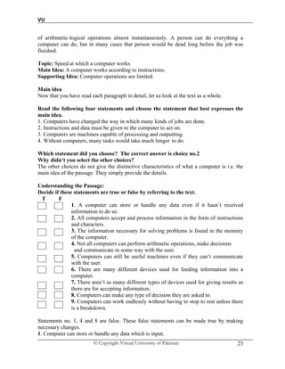 VU
© Copyright Virtual University of Pakistan 23
of arithmetic-logical operations almost instantaneously. A person can do everything a
computer can do, but in many cases that person would be dead long before the job was
finished.
Topic: Speed at which a computer works
Main Idea: A computer works according to instructions.
Supporting Idea: Computer operations are limited.
Main idea
Now that you have read each paragraph in detail, let us look at the text as a whole.
Read the following four statements and choose the statement that best expresses the
main idea.
1. Computers have changed the way in which many kinds of jobs are done.
2. Instructions and data must be given to the computer to act on.
3. Computers are machines capable of processing and outputting.
4. Without computers, many tasks would take much longer to do.
Which statement did you choose? The correct answer is choice no.2
Why didn’t you select the other choices?
The other choices do not give the distinctive characteristics of what a computer is i.e. the
main idea of the passage. They simply provide the details.
Understanding the Passage:
Decide if these statements are true or false by referring to the text.
T F
1. A computer can store or handle any data even if it hasn’t received
information to do so.
2. All computers accept and process information in the form of instructions
and characters.
3. The information necessary for solving problems is found in the memory
of the computer.
4. Not all computers can perform arithmetic operations, make decisions
and communicate in some way with the user.
5. Computers can still be useful machines even if they can’t communicate
with the user.
6. There are many different devices used for feeding information into a
computer.
7. There aren’t as many different types of devices used for giving results as
there are for accepting information.
8. Computers can make any type of decision they are asked to.
9. Computers can work endlessly without having to stop to rest unless there
is a breakdown.
Statements no. 1, 4 and 8 are false. These false statements can be made true by making
necessary changes.
1. Computer can store or handle any data which is input.
 