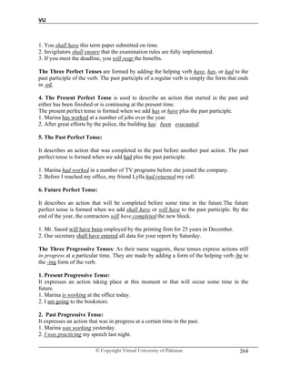 VU
© Copyright Virtual University of Pakistan 264
1. You shall have this term paper submitted on time.
2. Invigilators shall ensure that the examination rules are fully implemented.
3. If you meet the deadline, you will reap the benefits.
The Three Perfect Tenses are formed by adding the helping verb have, has, or had to the
past participle of the verb. The past participle of a regular verb is simply the form that ends
in -ed.
4. The Present Perfect Tense is used to describe an action that started in the past and
either has been finished or is continuing at the present time.
The present perfect tense is formed when we add has or have plus the past participle.
1. Marina has worked at a number of jobs over the year.
2. After great efforts by the police, the building has been evacuated.
5. The Past Perfect Tense:
It describes an action that was completed in the past before another past action. The past
perfect tense is formed when we add had plus the past participle.
1. Marina had worked in a number of TV programs before she joined the company.
2. Before I reached my office, my friend Lylla had returned my call.
6. Future Perfect Tense:
It describes an action that will be completed before some time in the future.The future
perfect tense is formed when we add shall have or will have to the past participle. By the
end of the year, the contractors will have completed the new block.
1. Mr. Saeed will have been employed by the printing firm for 25 years in December.
2. Our secretary shall have entered all data for your report by Saturday.
The Three Progressive Tenses: As their name suggests, these tenses express actions still
in progress at a particular time. They are made by adding a form of the helping verb -be to
the -ing form of the verb.
1. Present Progressive Tense:
It expresses an action taking place at this moment or that will occur some time in the
future.
1. Marina is working at the office today.
2. I am going to the bookstore.
2. Past Progressive Tense:
It expresses an action that was in progress at a certain time in the past.
1. Marina was working yesterday.
2. I was practicing my speech last night.
 