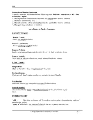VU
© Copyright Virtual University of Pakistan 267
Formation of Passive Sentences
A passive sentence is composed of the following parts. Subject + some tense of BE + Past
Participle + Agent.
1. The object of an active sentence becomes the subject of the passive sentence.
2. The tense is formed by -BE
3. The subject of the active sentence becomes the agent of the passive sentence.
4. The agent may sometimes be omitted.
Verb Tenses in Passive Sentences
PRESENT TENSES
Simple Present:
Jewels are bought by ladies.
Present Continuous:
Jewels are being bought by ladies
Present Perfect:
Ladies have been advised to declare their jewelry in their wealth tax forms.
Present Modals:
Steps must be taken to educate the public about filling in tax returns.
PAST TENSES
Simple Past:
Maps of the rebel’s hide-outwere shown to the press.
Past continuous:
Until recently hand crafted jewelry was not being designed locally.
Past Perfect:
Pakistani carpets had always been designed by local artists.
Perfect Modals:
The textile industry might not have been required by the government to pay
taxes.
FUTURE TENSES
‘will’ - Teaching assistants will be used to assist teachers in evaluating students’
examination scripts.
‘going to’ - Factories are going to be built in the new export promoting zone.
 