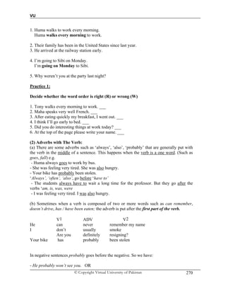 VU
© Copyright Virtual University of Pakistan 270
1. Huma walks to work every morning.
Huma walks every morning to work.
2. Their family has been in the United States since last year.
3. He arrived at the railway station early.
4. I’m going to Sibi on Monday.
I’m going on Monday to Sibi.
5. Why weren’t you at the party last night?
Practice 1:
Decide whether the word order is right (R) or wrong (W)
1. Tony walks every morning to work. ___
2. Maha speaks very well French. ___
3. After eating quickly my breakfast, I went out. ___
4. I think I’ll go early to bed. ___
5. Did you do interesting things at work today? ___
6. At the top of the page please write your name. ___
(2) Adverbs with The Verb:
(a) There are some adverbs such as ‘always’, ‘also’, ‘probably’ that are generally put with
the verb in the middle of a sentence. This happens when the verb is a one word. (Such as
goes, fall) e.g.
- Huma always goes to work by bus.
- She was feeling very tired. She was also hungry.
- Your bike has probably been stolen.
‘Always’, ‘often’, ‘also’, go before ‘have to’
- The students always have to wait a long time for the professor. But they go after the
verbs ‘am, is, was, were
- I was feeling very tired. I was also hungry.
(b) Sometimes when a verb is composed of two or more words such as can remember,
doesn’t drive, has / have been eaten; the adverb is put after the first part of the verb.
V1 ADV V2
He can never remember my name
I don’t usually smoke
Are you definitely resigning?
Your bike has probably been stolen
In negative sentences probably goes before the negative. So we have:
- He probably won’t see you. OR
 