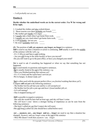VU
© Copyright Virtual University of Pakistan 271
- I will probably not see you.
Practice 2:
Decide whether the underlined words are in the correct order. Use W for wrong and
R for right.
1. I washed the clothes and also cooked dinner. ____
2. Those tourists over there probably are French. ____
3. My mother gets hardly ever angry. ____
4. I usually take a bath when I get home from work. ____
5. I usually am very tired when I get home form work. _____
6. I will probably not see you. _____
7. He won’t probably meet you. _____
(3) The position of still, yet, anymore, any longer, no longer in a sentence
Still is used to say that a situation or action is continuing. Still usually is used in the middle
of the sentence with the verb. e.g
- It’s 11:00 p.m and Sara is still working.
- Are you still living in the same locality or have you moved?
-Do you still want to go to the post office, or have you changed your mind?
Yet is used to ask if something has happened or when we say that something has not
happened.
Yet is used mainly in questions and negative sentences.
Yet is usually found at the end of the sentence. e.g.
- Have you finished packing that suitcase yet?
- It’s 11 o’clock and the typist hasn’t arrived yet.
-We’re hungry. Is dinner ready yet?
Yet is often used with the present perfect (Have you finished washing that dress yet?).
Compare still and yet in the following sentences.
- My brother lost his job last year and he is still unemployed.
- My brother lost his job a year ago and hasn’t found another job yet.
- Is it still raining?
- Has it stopped raining yet?
Still is possible in negative sentences.
-She said she would be here half an hour ago, and she still hasn’t come.
‘She still hasn’t come’ shows a stronger feeling of impatience as can be seen from the
following sentences:
- She hasn’t called me yet (but I expect she will soon)
-She still hasn’t called me (she should have called before now)
not … anymore, not… any longer and no… longer are used to say that a situation has
changed. Anymore, and any longer come at the end of the sentence
- Miss Mir doesn’t work here anymore / any longer.
 