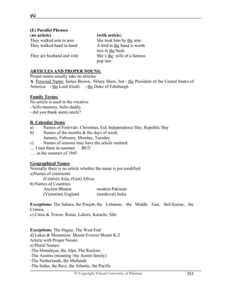 VU
© Copyright Virtual University of Pakistan 283
(E) Parallel Phrases
(no article) (with article)
They walked arm in arm She took him by the arm.
They walked hand in hand A bird in the hand is worth
two in the bush.
They are husband and wife She’s the wife of a famous
pop star.
ARTICLES AND PROPER NOUNS:
Proper nouns usually take no articles.
A. Personal Name: James Brown, Hilary Shaw, but - the President of the United States of
America - the Lord (God) - the Duke of Edinburgh
Family Terms:
No article is used in the vocative
- hello mummy, hello daddy,
- did you thank aunty/uncle?
B. Calendar Items
a) Names of Festivals: Christmas, Eid, Independence Day, Republic Day
b) Names of the months & the days of week:
January, February, Monday, Tuesday
c) Names of seasons may have the article omitted:
… I met them in summer BUT
…. in the summer of 1945
Geographical Names
Normally there is no article whether the name is pre-modified
a)Names of continents
(Central) Asia, (East) Africa
b) Names of Countries
Ancient Bhutan modern Pakistan
(Victorian) England (medieval) India
Exceptions: The Sahara, the Punjab, the Lebanon, the Middle East, theUkraine, the
Crimea.
c) Cities & Towns: Rome, Lahore, Karachi, Sibi
Exceptions: The Hague, The West End
d) Lakes & Mountains: Mount Everest Mount K-2
Article with Proper Nouns:
e) Plural Names:
-The Himalayas, the Alps, The Rockies
-The Austins (meaning ‘the Austin family)
-The Netherlands, the Midlands
-The Indus, the Ravi, the Atlantic, the Pacific
 