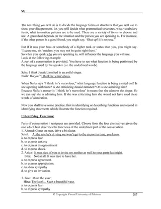 VU
© Copyright Virtual University of Pakistan 287
The next thing you will do is to decide the language forms or structures that you will use to
show your disagreement. i.e. you will decide what grammatical structures, what vocabulary
items, what intonation patterns are to be used. There are a variety of forms to choose and
use. A great deal depends on the situation and the person you are speaking to. For instance,
if the other person is a good friend, you might say, ‘Shut up! It’s not true.”
But if it was your boss or somebody of a higher rank or status than you, you might say.
‘Excuse me, sir / madam; you may not be quite right there.’
So when you speak who you are speaking to, will influence the language you will use.
Look at the following example:
A part of a conversation is provided. You have to see what function is being performed by
the language used by the speaker (i.e. the underlined words).
Saba: I think Junaid Jamshed is an awful singer.
Naila: Do you? I think he’s marvelous.
When Naila says “I think he’s marvelous,” what language function is being carried out? Is
she agreeing with Saba? Is she criticizing Junaid Jamshed? Or is she admiring him?
Because Naila’s answer is ‘I think he’s marvelous’ it means that she admires the singer. So
we can say she is admiring him. If she was criticizing him she would not have used these
words of admiration.
Now you shall have some practice, first in identifying or describing functions and second in
identifying statements which illustrate the function required.
I.Identifying Functions:
Parts of conversation / sentences are provided. Choose from the four alternatives given the
one which best describes the functions of the underlined part of the conversation.
1. Ahmed: Come on man, drive a bit faster.
Saleh: At the rate he's driving we won’t get to the airport in time, you know.
a. to express fear
b. to express anxiety
c. to express disappointment
d. to express shock.
2. Aziza: It was nice of you to invite my mother as well to your party last night.
Bibi: Not at all. It was nice to have her.
a. to express agreement.
b. to express appreciation.
c. to show sympathy
d. to give an invitation.
3. Jane: Mind the vase!
Hina: Too late!… Such a beautiful vase.
a. to express fear
b. to express sympathy
 