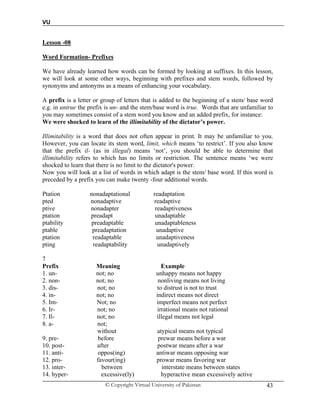 VU
© Copyright Virtual University of Pakistan 43
Lesson -08
Word Formation- Prefixes
We have already learned how words can be formed by looking at suffixes. In this lesson,
we will look at some other ways, beginning with prefixes and stem words, followed by
synonyms and antonyms as a means of enhancing your vocabulary.
A prefix is a letter or group of letters that is added to the beginning of a stem/ base word
e.g. in untrue the prefix is un- and the stem/base word is true. Words that are unfamiliar to
you may sometimes consist of a stem word you know and an added prefix, for instance:
We were shocked to learn of the illimitability of the dictator’s power.
Illimitability is a word that does not often appear in print. It may be unfamiliar to you.
However, you can locate its stem word, limit, which means ‘to restrict’. If you also know
that the prefix il- (as in illegal) means ‘not’, you should be able to determine that
illimitability refers to which has no limits or restriction. The sentence means ‘we were
shocked to learn that there is no limit to the dictator's power.
Now you will look at a list of words in which adapt is the stem/ base word. If this word is
preceded by a prefix you can make twenty -four additional words.
Ptation nonadaptational readaptation
pted nonadaptive readaptive
ptive nonadapter readaptiveness
ptation preadapt unadaptable
ptability preadaptable unadaptableness
ptable preadaptation unadaptive
ptation readaptable unadaptiveness
pting readaptability unadaptively
7
Prefix Meaning Example
1. un- not; no unhappy means not happy
2. non- not; no nonliving means not living
3. dis- not; no to distrust is not to trust
4. in- not; no indirect means not direct
5. Im- Not; no imperfect means not perfect
6. Ir- not; no irrational means not rational
7. Il- not; no illegal means not legal
8. a- not;
without atypical means not typical
9. pre- before prewar means before a war
10. post- after postwar means after a war
11. anti- oppos(ing) antiwar means opposing war
12. pro- favour(ing) prowar means favoring war
13. inter- between interstate means between states
14. hyper- excessive(ly) hyperactive mean excessively active
 