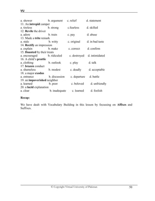 VU
© Copyright Virtual University of Pakistan 50
a. shower b. argument c. relief d. statement
11. An intrepid camper
a. tireless b. strong c.fearless d. skilled
12. Revile the driver
a. adore b. train c. pay d. abuse
13. Made a trite remark
a. stale b. witty c. original d. in bad taste
14. Rectify an impression
a. explain b. make c. correct d. confirm
15. Daunted by their treats
a. encouraged b. ridiculed c. destroyed d. intimidated
16. A child’s prattle
a. clothing b. outlook c. play d. talk
17. brazen conduct
a. shameless b. modest c. deadly d. acceptable
18. a major exodus
a. entrance b. discussion c. departure d. battle
19. an impoverished neighbor
a. learned b. poor c. beloved d. unfriendly
20. a lucid explanation
a. clear b. inadequate c. learned d. foolish
Recap:
We have dealt with Vocabulary Building in this lesson by focussing on Affixes and
Suffixes.
 