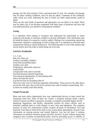 VU
© Copyright Virtual University of Pakistan 71
passage, but this time treating it from a personal point of view. For example, the passage
may be about working conditions, and you may be asked, ‘Comment on the conditions
under which you work, indicating the area in which you think improvements could be
made.’
These are the main kinds of questions and approaches you are likely to be asked. There
may be others, but if you become acquainted with these types of questions and texts and
can understand them, you should be well prepared confident.
Listing
It is important when reading to recognize and understand the relationship in which
sentences and groups of sentences combine to present information. This information may
be linked by means of a connective word or marker. Making a list, enumerating, and giving
instructions, indicates a cataloguing of what is being said. It is important to note that most
enumerations belong to clearly defined sets. The following table is a list of the markers that
can be used to show the order in which things are to be said.
LISTING MARKERS
1, 2, 3, etc.
One, two, three, etc.
First(ly), second(ly), third(ly)
In the first/second/third place
Another, next, then
Furthermore, afterwards, moreover
Lastly/finally
to begin/start with, and to conclude
First and foremost mark the beginning
First and most important(ly) of a descending order
Above all mark the end of
Last but not least an ascending order 42
There are many ways of showing sequential relationships. Those given in the table above
are not the only ones, they are the most common ones used in listing or enumerating. The –
ly forms are usually used when listing.
Sample Paragraph
More and more police departments have now sophisticated devices to help control the
increasing crime rate. Some of these are: Firstly, a computer terminal inside a police
vehicle to answer an officer’s questions; secondly, a computer-controlled display unit for
displaying fingerprints; and thirdly, educational systems for police officers such as
terminals, enabling them to verify changes in laws, rules and regulations. The computer
memory of many law enforcement systems contains all kinds of information. First and
foremost, it has data on stolen items such as cars, license plates and property. Second, it has
information on missing persons and wanted fugitives. Last but not least, it contains
information on political extremist groups and their activities. It goes without saying that
computers have certainly revolutionized police work by providing access to millions of
 