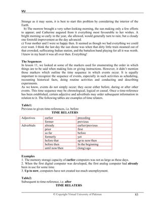 VU
© Copyright Virtual University of Pakistan 83
Strange as it may seem, it is best to start this problem by considering the interior of the
Earth.
b) The morrow brought a very sober-looking morning, the sun making only a few efforts
to appear; and Catherine augured from it everything most favourable to her wishes. A
bright morning so early in the year, she allowed, would generally turn to rain; but a cloudy
one foretold improvement as the day advanced.
c) Your mother and I were so happy then. It seemed as though we had everything we could
ever want. I think the last day the sun shone was when that dirty little train steamed out of
that crowded, suffocating Indian station, and the battalion band playing for all it was worth.
I knew in my heart it was all over then. Everything!
The Sequences
In lesson 11, we looked at some of the markers used for enumerating the order in which
things are to be said when making lists or giving instructions. However, it didn’t mention
those markers which outline the time sequence in which events occur. It is equally
important to recognize the sequence of events, especially in such activities as scheduling,
recounting historical facts, doing routine activities and conducting and describing
experiments.
As we know, events do not simply occur; they occur either before, during or after other
events. This time sequence may be chronological, logical or causal. Once a time-reference
has been established, certain adjective and adverbials may order subsequent information in
relation to it. The following tables are examples of time relaters.
Table1:
Previous to given time-references, i.e. before
TIME RELATERS
Examples
1. The memory storage capacity of earlier computers was not as large as these days.
2. When the first digital computer was developed, the first analog computer had already
been in use for some time.
3. Up to now, computers have not created too much unemployment.
Table2:
Subsequent to time-reference, i.e. after
TIME RELATERS
Adjectives earlier preceding
former previous
Adverbials already earlier/previous
prior first
so far before
formerly yet
before that up to now/then
before then In the beginning
until now/then (long) ago
 