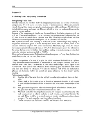 VU
© Copyright Virtual University of Pakistan 91
Lesson -15
Evaluating Texts: Interpreting Visual Data
Interpreting Visual Data
In today’s lesson, we will first deal with interpreting visual data and second how to make
comparisons. We will show you some means of communications which are primarily
visual. Among these means are: graphs, charts, diagrams, tables, and maps. Most textbooks
include tables, graphs and maps, etc. They are all aids to help you understand interpret the
material you are reading.
Because of the importance of visuals, and the possibility of their being misinterpreted, you
will see: i) how words and figures can be converted into visuals of one kind or another, and
ii) learn to read accurately these common aids. The following example shows you how
information consisting of words and figures can be converted into a visual.
Our experience is that after listening to an hour’s lecture, students begin very rapidly to
forget the information given to them. Twenty-four hours after the lecture, most of the
students will have forgotten 75% of the information. After forty-eight hours, the amount
the students remember has usually sunk to 15%. Yet, if the students review the information
by noting the key points in the first place and then reading over or discussing or using their
notes, the retention levels are as high as 70-85%.
Here you have been presented findings in words and numerals. Let’s put these findings into
graph form, so that you can ‘see’ them better.
Tables: The purpose of a table is to give the reader numerical information at a glance.
They are used to show various kinds of information in clear, compact columns. You are all
familiar with a time table. You had one in your school and college – it was a plan of the
whole week – how classes were scheduled. In the same way, you are familiar with airline
and train time tables or schedules. You are also familiar with tables in mathematics,
physics, or chemistry. Tables are useful for quick reference, but they require careful
reading.
When you read a table:
(i) Read the title of the table first: that will tell you what information is shown in that
table.
ii) Always look at the footnote given at the end or bottom of the table. It will explain
or give additional information that is necessary for an accurate interpretation of the
data.
iii) Next, you must ask yourself if the information given in the table is reliable. For
this, you must check the source of information in the table.
iv) After that, look at the heading of each column. Be sure you understand exactly what
each heading refers to what is included in each column. Also notice the units that
are used. These could be in terms of numbers, money, weights, percentages, dates,
sex, etc… The units may also vary from column to column.
v) Finally, you must read the figures carefully and interpret them accurately.
 