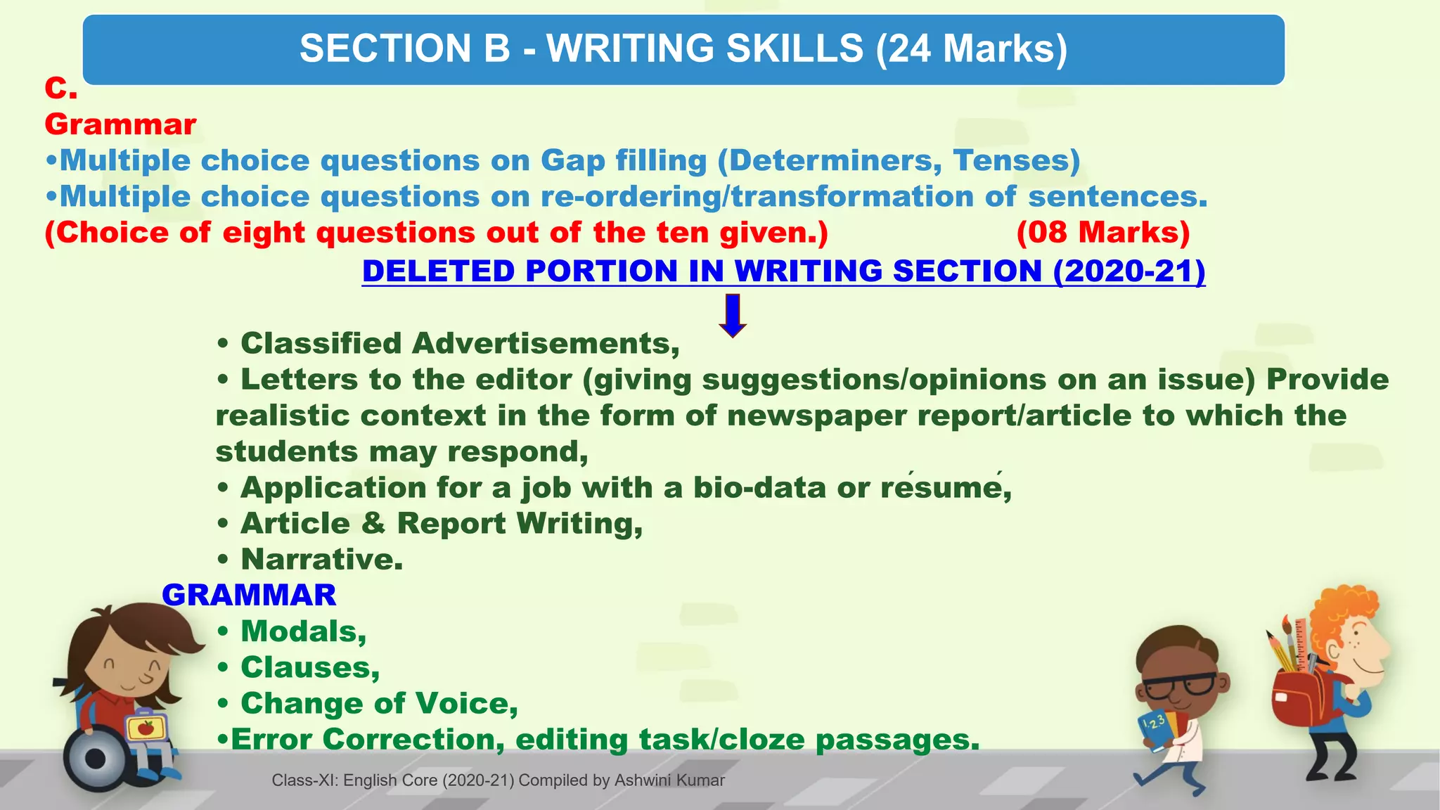 SECTION B - WRITING SKILLS (24 Marks)
C.
Grammar
•Multiple choice questions on Gap filling (Determiners, Tenses)
•Multiple choice questions on re-ordering/transformation of sentences.
(Choice of eight questions out of the ten given.) (08 Marks)
DELETED PORTION IN WRITING SECTION (2020-21)
• Classified Advertisements,
• Letters to the editor (giving suggestions/opinions on an issue) Provide
realistic context in the form of newspaper report/article to which the
students may respond,
• Application for a job with a bio-data or résumé,
• Article & Report Writing,
• Narrative.
GRAMMAR
• Modals,
• Clauses,
• Change of Voice,
•Error Correction, editing task/cloze passages.
Class-XI: English Core (2020-21) Compiled by Ashwini Kumar
 