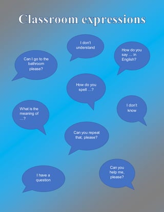 Can I go to the
bathroom
please?
How do you
spell …?
How do you
say … in
English?
I don’t
know
I don’t
understand
What is the
meaning of
…?
Can you repeat
that, please?
Can you
help me,
please?I have a
question