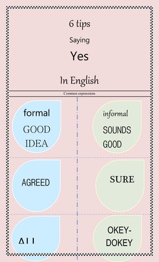 6 tips
Saying
Yes
In English
Common expressions
formal
GOOD
IDEA
OKEY-
DOKEYALL
SUREAGREED
informal
SOUNDS
GOOD
 