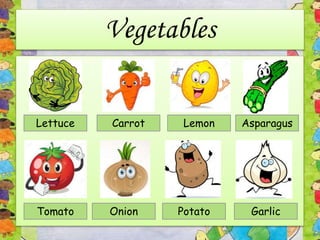Vegetables
Lettuce
Tomato Onion Potato Garlic
AsparagusLemonCarrot
 