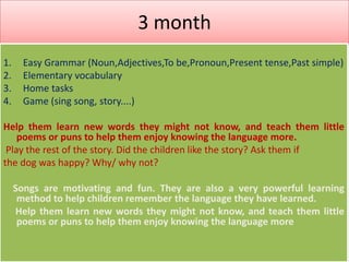 3 month
1.
2.
3.
4.

Easy Grammar (Noun,Adjectives,To be,Pronoun,Present tense,Past simple)
Elementary vocabulary
Home tasks
Game (sing song, story....)

Help them learn new words they might not know, and teach them little
poems or puns to help them enjoy knowing the language more.
Play the rest of the story. Did the children like the story? Ask them if
the dog was happy? Why/ why not?
Songs are motivating and fun. They are also a very powerful learning
method to help children remember the language they have learned.
Help them learn new words they might not know, and teach them little
poems or puns to help them enjoy knowing the language more

 