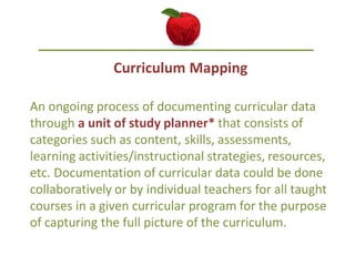 Curriculum Mapping

An ongoing process of documenting curricular data
through a unit of study planner* that consists of
categories such as content, skills, assessments,
learning activities/instructional strategies, resources,
etc. Documentation of curricular data could be done
collaboratively or by individual teachers for all taught
courses in a given curricular program for the purpose
of capturing the full picture of the curriculum.
 