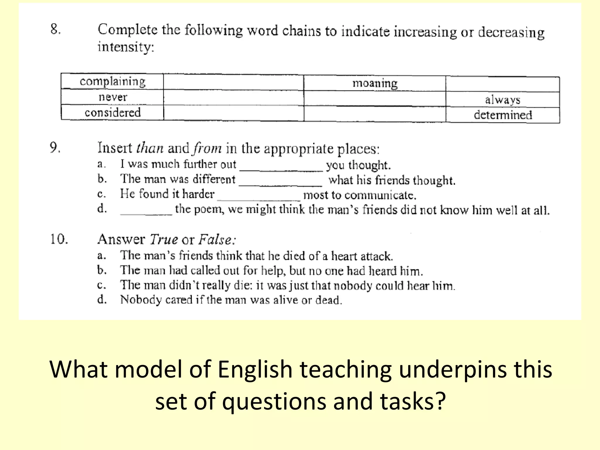 What model of English teaching underpins this set of questions and tasks? 