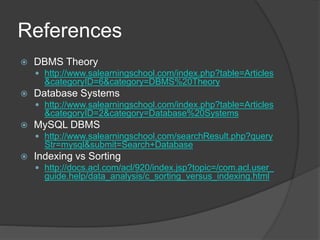 References
 DBMS Theory
 http://www.salearningschool.com/index.php?table=Articles
&categoryID=6&category=DBMS%20Theory
 Database Systems
 http://www.salearningschool.com/index.php?table=Articles
&categoryID=2&category=Database%20Systems
 MySQL DBMS
 http://www.salearningschool.com/searchResult.php?query
Str=mysql&submit=Search+Database
 Indexing vs Sorting
 http://docs.acl.com/acl/920/index.jsp?topic=/com.acl.user_
guide.help/data_analysis/c_sorting_versus_indexing.html
 
