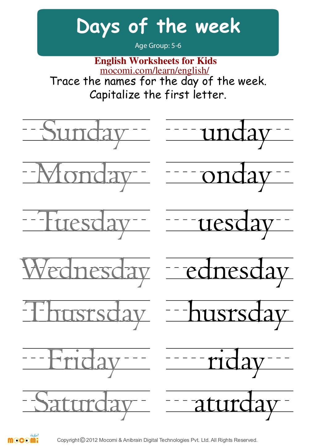 Days Of The Week English Worksheets For Kids