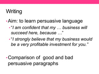 Writing
•Aim: to learn persuasive language
• “I am confident that my … business will
succeed here, because …”
• “I strongly believe that my business would
be a very profitable investment for you.”
•Comparison of good and bad
persuasive paragraphs
 
