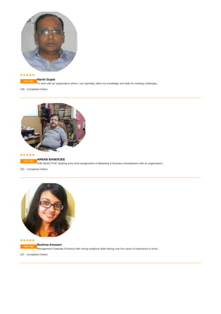 Hire Me
    
Harsh Gupta
To work with an organization where I can optimally utilize my knowledge and skills for meeting challenges...
109 - Completed Orders
Hire Me
    
ARNAB BANERJEE
JOB OBJECTIVE Seeking entry level assignments in Marketing & Business Development with an organization...
202 - Completed Orders
Hire Me
    
Reshma Keswani
Management Graduate (Finance) with strong analytical skills having over four years of experience in busin...
107 - Completed Orders
 