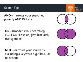 SearchTips
AND – narrows your search eg.
povertyAND Dickens
OR – broadens your search eg.
LGBT OR “Lesbian, gay, bisexual,
transgender”
NOT – narrows your search by
excluding a keyword e.g. film NOT
television
 