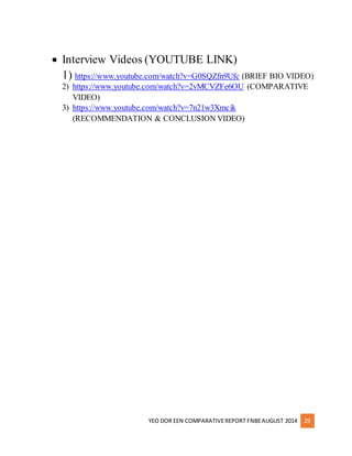  Interview Videos (YOUTUBE LINK) 
1) https://www.youtube.com/watch?v=G0SQZfn9Ufc (BRIEF BIO VIDEO) 
2) https://www.youtube.com/watch?v=2vMCVZFe6OU (COMPARATIVE 
YEO DOR EEN COMPARATIVE REPORT FNBE AUGUST 2014 29 
VIDEO) 
3) https://www.youtube.com/watch?v=7n21w3Xmcik 
(RECOMMENDATION & CONCLUSION VIDEO) 
