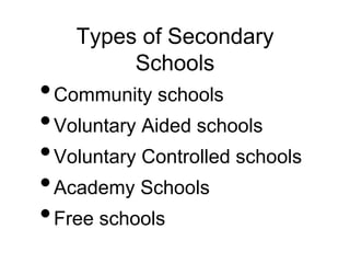 Types of Secondary
Schools
•Community schools
•Voluntary Aided schools
•Voluntary Controlled schools
•Academy Schools
•Free schools
 
