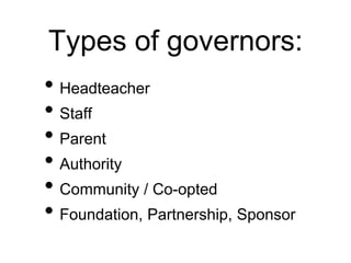 Types of governors:
• Headteacher
• Staff
• Parent
• Authority
• Community / Co-opted
• Foundation, Partnership, Sponsor
 