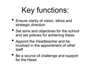 Key functions:
• Ensure clarity of vision, ethos and
strategic direction
• Set aims and objectives for the school
and set policies for achieving these
• Appoint the Headteacher and be
involved in the appointment of other
staff
• Be a source of challenge and support
for the Head
 