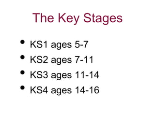 The Key Stages
• KS1 ages 5-7
• KS2 ages 7-11
• KS3 ages 11-14
• KS4 ages 14-16
 