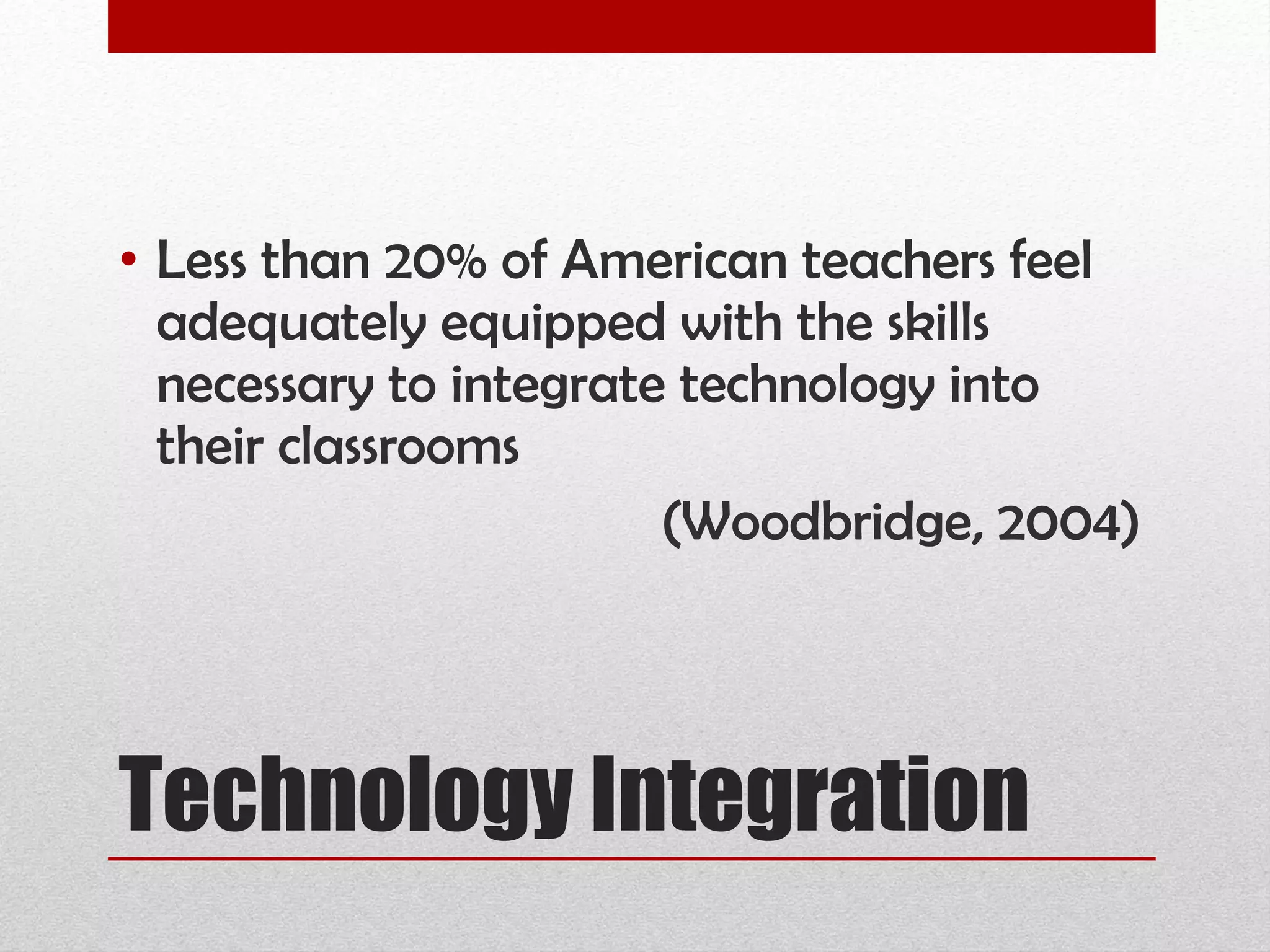 Technology Integration Less than 20% of American teachers feel adequately equipped with the skills necessary to integrate technology into their classrooms (Woodbridge, 2004) 