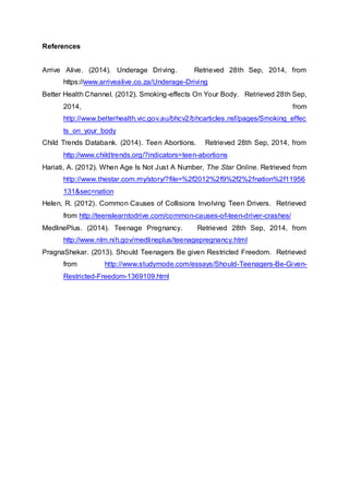 References 
Arrive Alive. (2014). Underage Driving. Retrieved 28th Sep, 2014, from 
https://www.arrivealive.co.za/Underage-Driving 
Better Health Channel. (2012). Smoking-effects On Your Body. Retrieved 28th Sep, 
2014, from 
http://www.betterhealth.vic.gov.au/bhcv2/bhcarticles.nsf/pages/Smoking_effec 
ts_on_your_body 
Child Trends Databank. (2014). Teen Abortions. Retrieved 28th Sep, 2014, from 
http://www.childtrends.org/?indicators=teen-abortions 
Hariati, A. (2012). When Age Is Not Just A Number, The Star Online. Retrieved from 
http://www.thestar.com.my/story/?file=%2f2012%2f9%2f2%2fnation%2f11956 
131&sec=nation 
Helen, R. (2012). Common Causes of Collisions Involving Teen Drivers. Retrieved 
from http://teenslearntodrive.com/common-causes-of-teen-driver-crashes/ 
MedlinePlus. (2014). Teenage Pregnancy. Retrieved 28th Sep, 2014, from 
http://www.nlm.nih.gov/medlineplus/teenagepregnancy.html 
PragnaShekar. (2013). Should Teenagers Be given Restricted Freedom. Retrieved 
from http://www.studymode.com/essays/Should-Teenagers-Be-Given- 
Restricted-Freedom-1369109.html 
