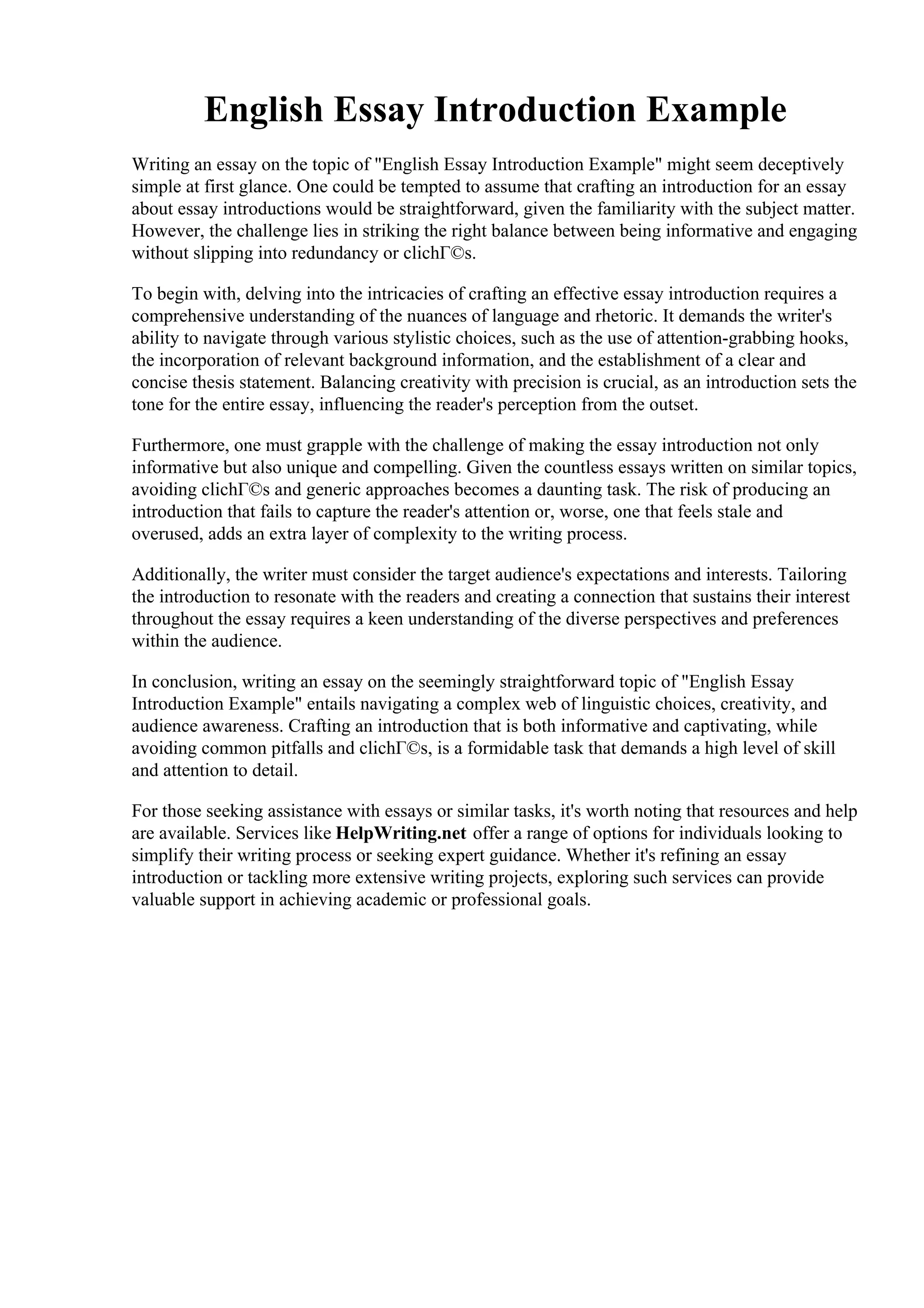 English Essay Introduction Example. how to start an introduction to an ...